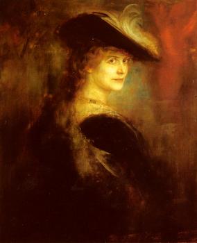 Franz Von Lenbach : Portrait Of An Elegant Lady In Rubenesque Costume